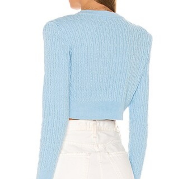 Revolve LPA Poppy Cable Knit Padded Shoulder Wool Blend Blue Cropped Sweater - Picture 2 of 8